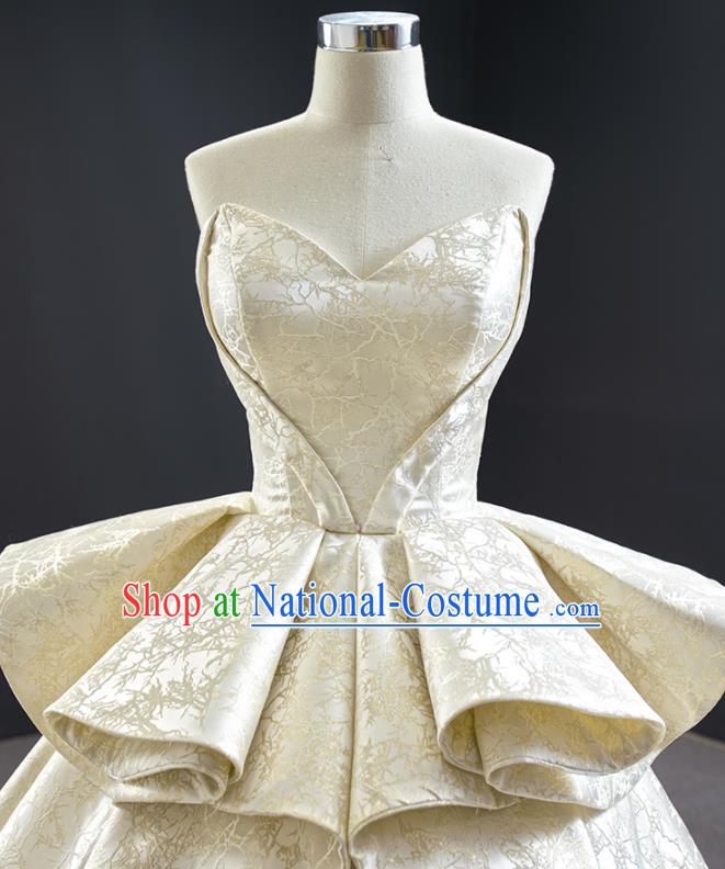 Custom Vintage Bride Clothing Champagne Satin Wedding Dress Compere Formal Garment Marriage Luxury Trailing Full Dress Catwalks Princess Costume