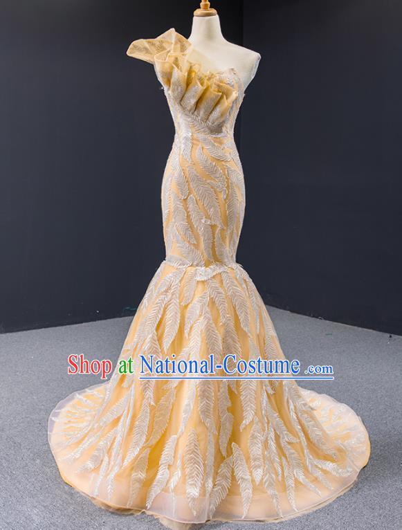 Custom Vintage Bride Clothing Luxury Yellow Wedding Dress Compere Formal Garment Marriage Fishtail Full Dress Catwalks Princess Costume