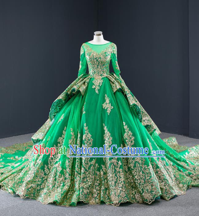 Custom European Princess Costume Vintage Bride Clothing Luxury Green Wedding Dress Compere Formal Garment Court Trailing Full Dress