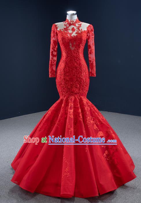 Custom Marriage Bride Clothing Vintage Embroidery Fishtail Wedding Dress Luxury Formal Garment Compere Red Lace Full Dress Catwalks Princess Costume