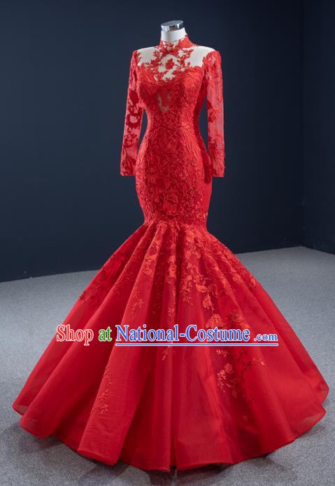 Custom Marriage Bride Clothing Vintage Embroidery Fishtail Wedding Dress Luxury Formal Garment Compere Red Lace Full Dress Catwalks Princess Costume