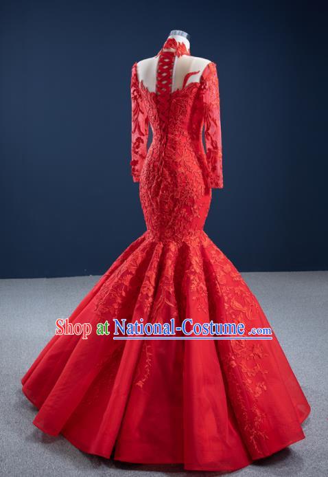 Custom Marriage Bride Clothing Vintage Embroidery Fishtail Wedding Dress Luxury Formal Garment Compere Red Lace Full Dress Catwalks Princess Costume