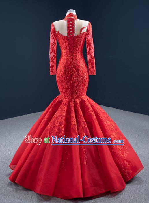 Custom Marriage Bride Clothing Vintage Embroidery Fishtail Wedding Dress Luxury Formal Garment Compere Red Lace Full Dress Catwalks Princess Costume