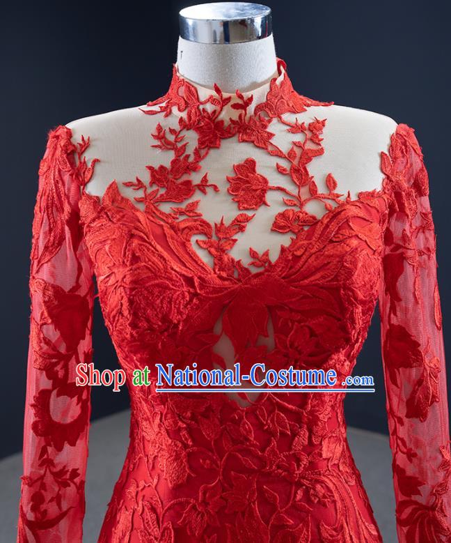 Custom Marriage Bride Clothing Vintage Embroidery Fishtail Wedding Dress Luxury Formal Garment Compere Red Lace Full Dress Catwalks Princess Costume