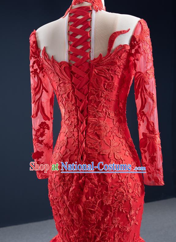 Custom Marriage Bride Clothing Vintage Embroidery Fishtail Wedding Dress Luxury Formal Garment Compere Red Lace Full Dress Catwalks Princess Costume