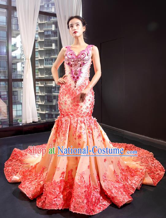 Custom Luxury Apricot Trailing Wedding Dress Compere Formal Garment Court Fishtail Full Dress European Princess Costume Vintage Bride Clothing