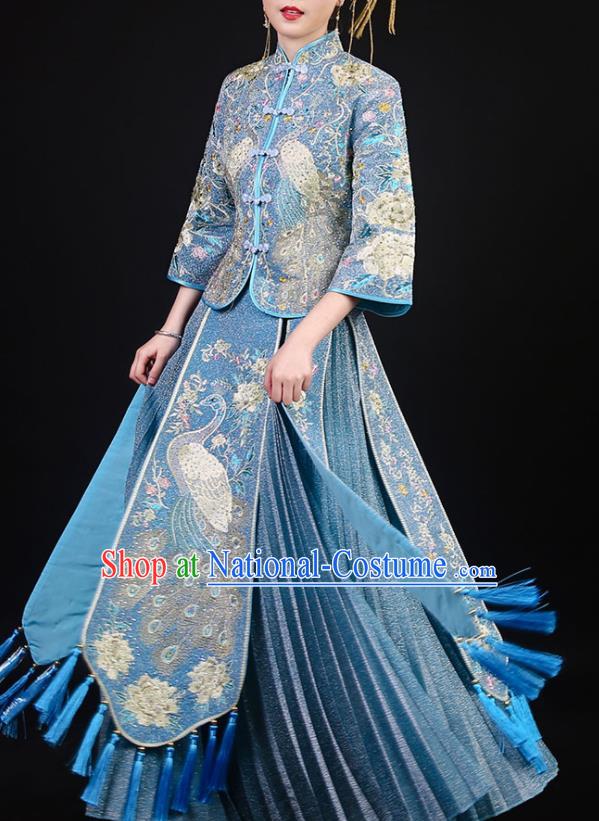 China Bride Blue Dress Outfits Traditional Xiuhe Suits Embroidery Bottom Drawer Clothing Wedding Garment Costumes