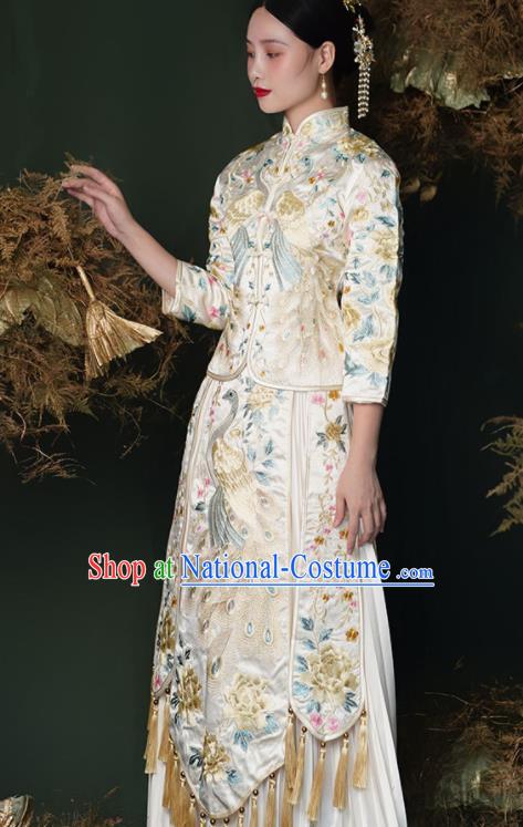 China Wedding Garment Costumes Bride Toasting Beige Dress Outfits Traditional Xiuhe Suits Embroidery Bridal Attire Clothing