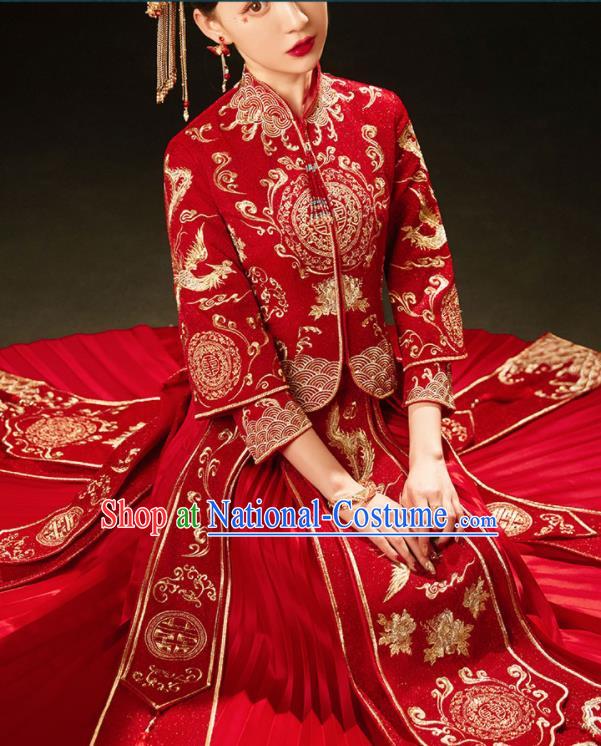 China Embroidery Bridal Attire Clothing Wedding Garment Costumes Bride Toasting Red Dress Outfits Traditional Xiuhe Suits