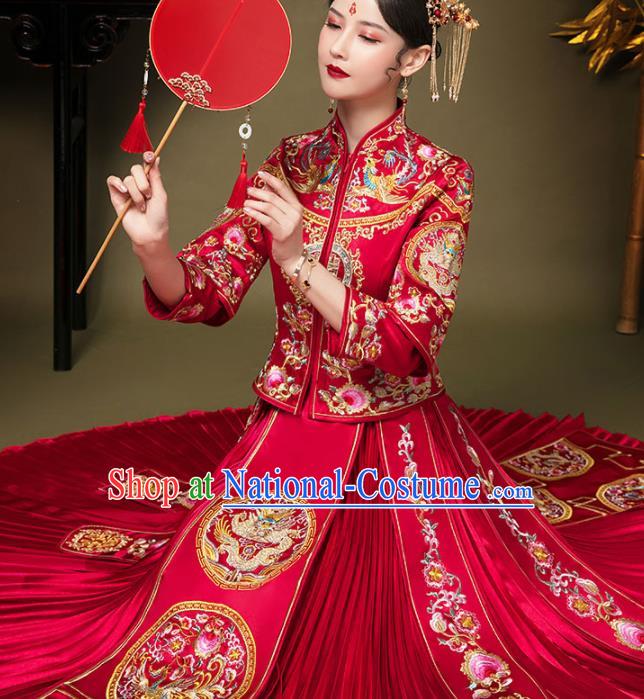 China Traditional Xiuhe Suits Embroidery Bridal Attire Clothing Wedding Garment Costumes Bride Toasting Red Dress Outfits