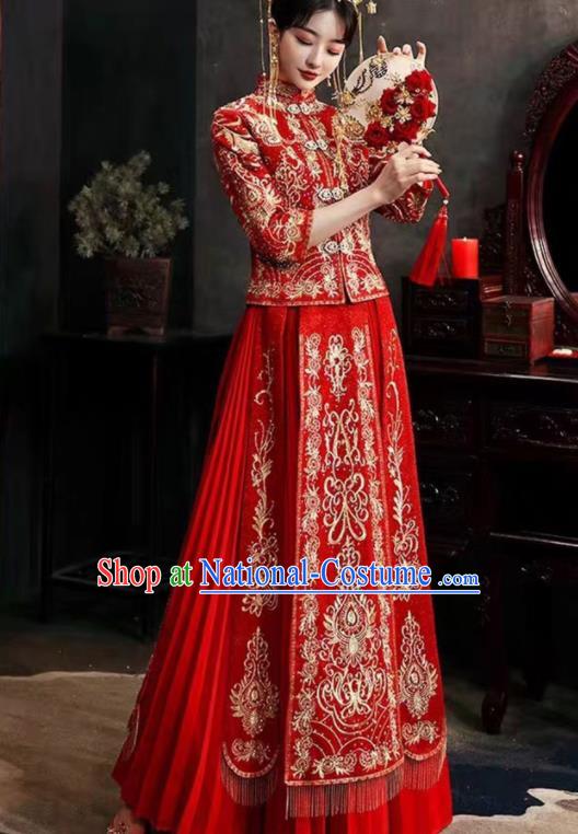 China Bride Toasting Red Dress Outfits Traditional Diamante Xiuhe Suits Embroidery Bridal Attire Clothing Wedding Garment Costumes