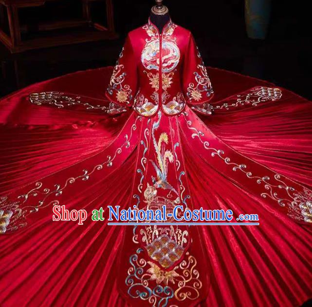 China Embroidery Phoenix Bridal Attire Clothing Wedding Garment Costumes Bride Dress Outfits Traditional Red Xiuhe Suits