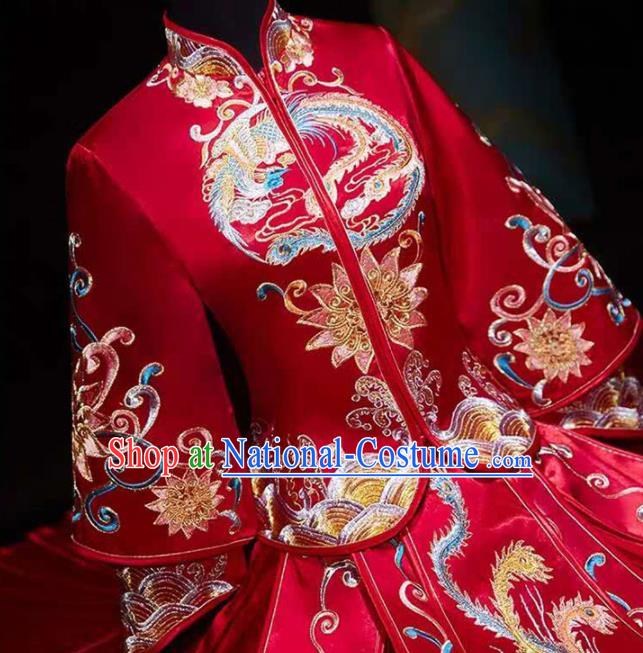 China Embroidery Phoenix Bridal Attire Clothing Wedding Garment Costumes Bride Dress Outfits Traditional Red Xiuhe Suits