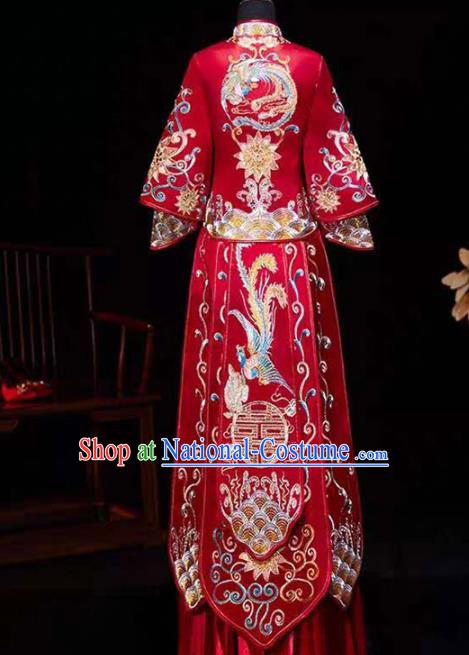 China Embroidery Phoenix Bridal Attire Clothing Wedding Garment Costumes Bride Dress Outfits Traditional Red Xiuhe Suits