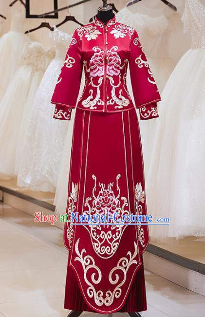 China Traditional Red Xiuhe Suits Embroidery Peony Bridal Attire Clothing Wedding Garment Costumes Bride Dress Outfits