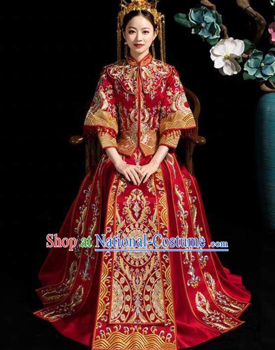 China Traditional Bride Dress Outfits Embroidery Red Xiuhe Suits Bridal Attire Clothing Wedding Diamante Garment Costumes