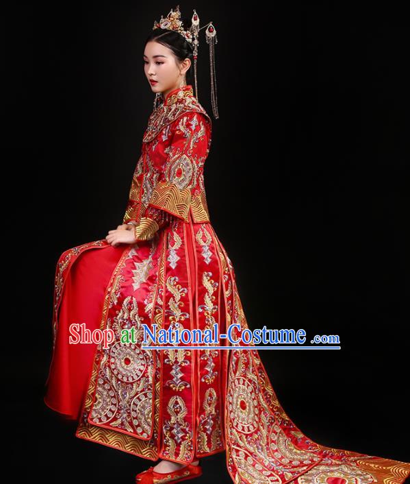 China Traditional Bride Dress Outfits Embroidery Red Xiuhe Suits Bridal Attire Clothing Wedding Diamante Garment Costumes