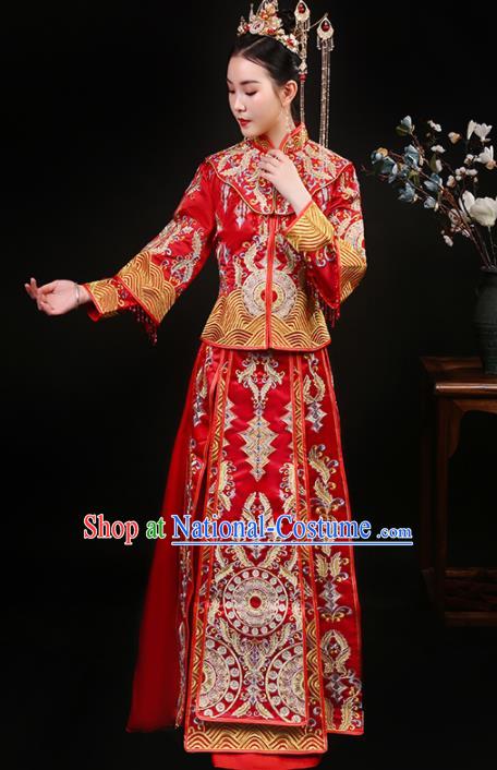 China Traditional Bride Dress Outfits Embroidery Red Xiuhe Suits Bridal Attire Clothing Wedding Diamante Garment Costumes