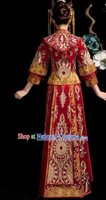 China Traditional Bride Dress Outfits Embroidery Red Xiuhe Suits Bridal Attire Clothing Wedding Diamante Garment Costumes