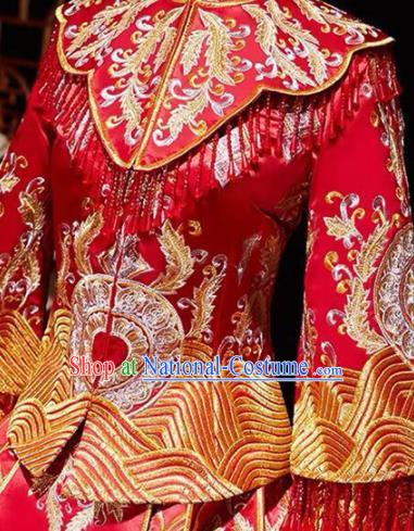 China Traditional Bride Dress Outfits Embroidery Red Xiuhe Suits Bridal Attire Clothing Wedding Diamante Garment Costumes