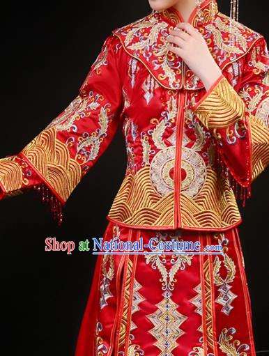 China Traditional Bride Dress Outfits Embroidery Red Xiuhe Suits Bridal Attire Clothing Wedding Diamante Garment Costumes