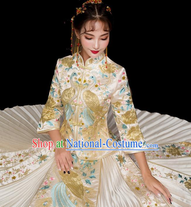 China Ancient Bride Attire Clothing Wedding Garment Costumes Champagne Dress Outfits Traditional Embroidery Xiuhe Suits