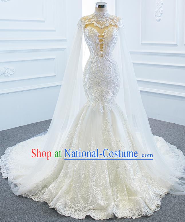 Custom European Princess Costume Bride Clothing Luxury White Lace Wedding Dress Compere Formal Garment Court Vintage Trailing Full Dress