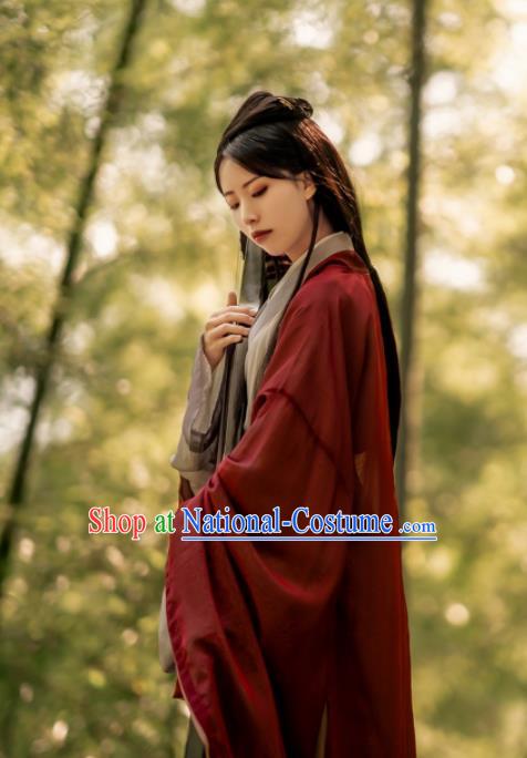 China Ancient Swordswoman Red Hanfu Dress Garments Jin Dynasty Clothing Traditional Chivalrous Knight Historical Costumes