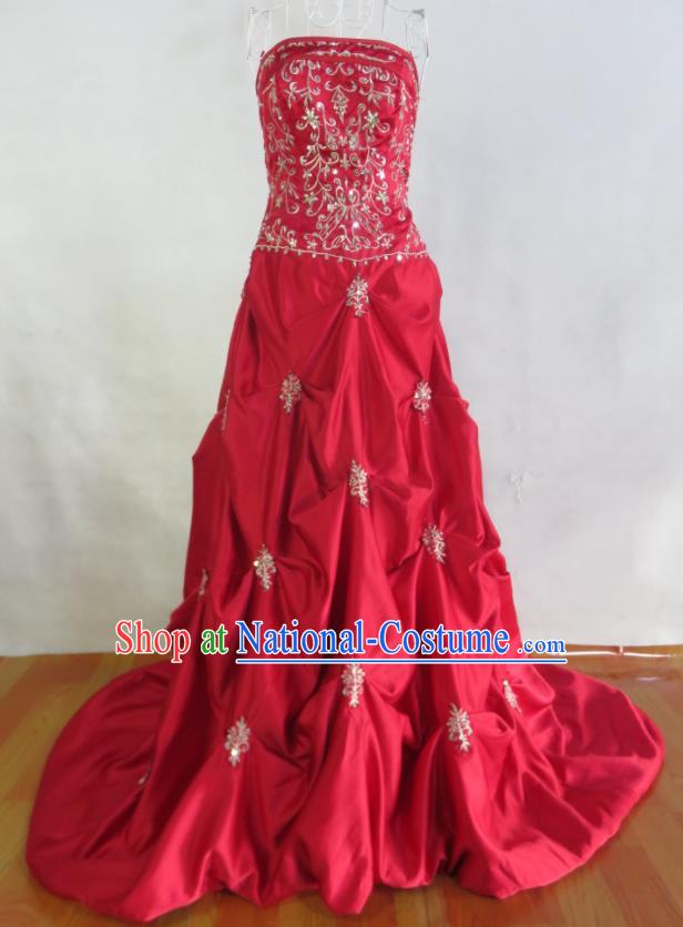 Custom Bride Trailing Full Dress Photography Clothing Red Satin Wedding Dress Modern Dance Fashion Costume