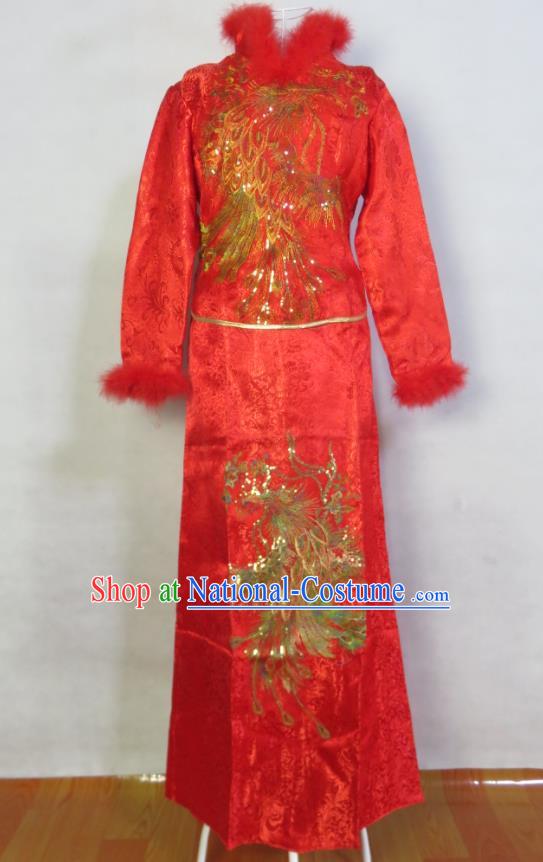 China Traditional Embroidery Phoenix Xiuhe Suits Ancient Bride Dress Toasting Clothing Wedding Garment Costumes Classical Red Brocade Cheongsam