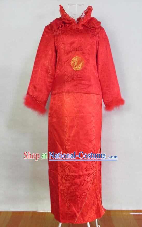 China Classical Red Brocade Cheongsam Traditional Embroidery Xiuhe Suits Ancient Toasting Clothing Bride Dress Wedding Garment Costumes