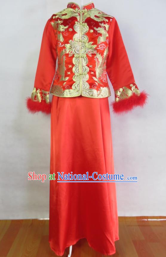 China Traditional Wedding Garment Costumes Classical Red Brocade Cheongsam Embroidery Xiuhe Suits Ancient Toasting Clothing Bride Dress