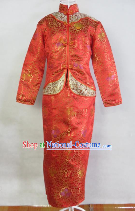 China Ancient Toasting Clothing Bride Dress Traditional Wedding Garment Costumes Classical Cheongsam Red Brocade Xiuhe Suits