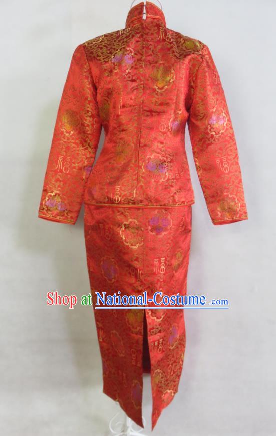 China Ancient Toasting Clothing Bride Dress Traditional Wedding Garment Costumes Classical Cheongsam Red Brocade Xiuhe Suits