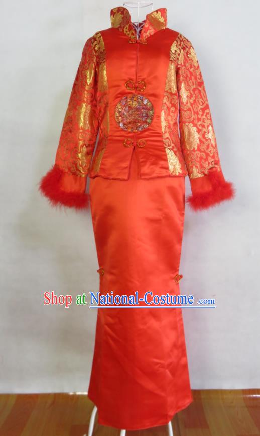 China Traditional Winter Wedding Garment Costumes Tang Suit Cheongsam Classical Xiuhe Suits Ancient Toasting Clothing Bride Red Satin Dress