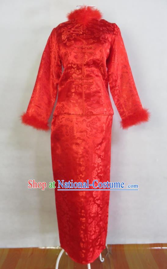 China Ancient Toasting Clothing Bride Red Dress Traditional Winter Wedding Garment Costumes Tang Suit Cheongsam Classical Xiuhe Suits