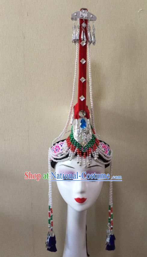 China She Nationality Folk Dance Red Hat Guangdong Minority Dance Headwear Ethnic Performance Tassel Headdress