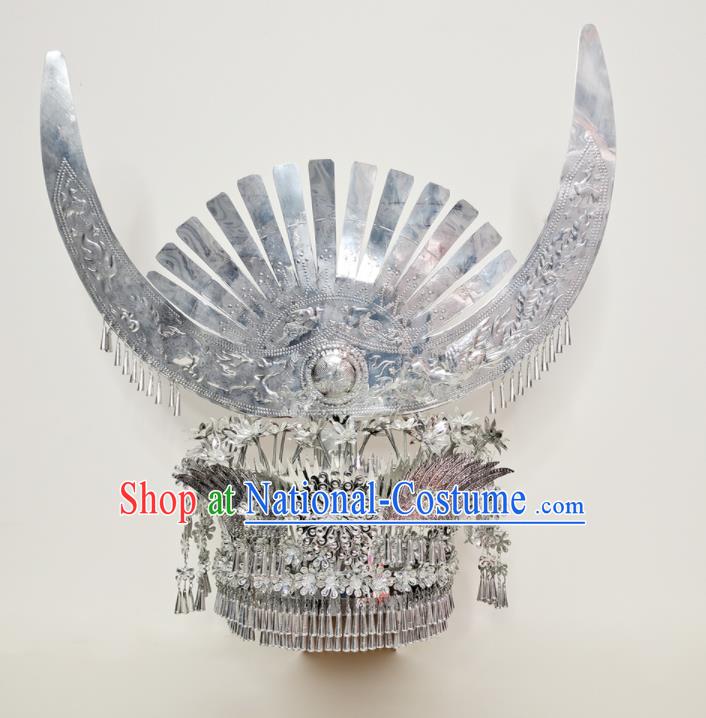 Chinese Dong Minority Woman Silver Headpieces Ethnic Wedding Headwear Miao Nationality Bride Hat