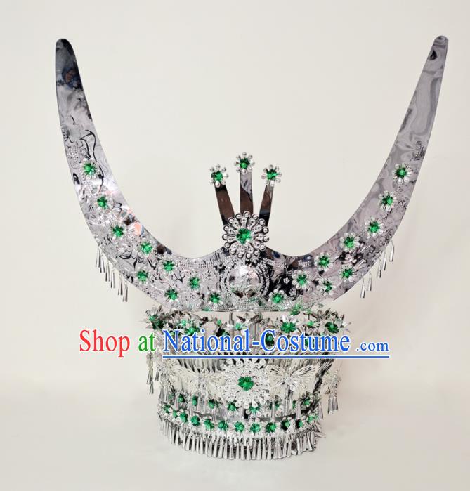 Chinese Miao Nationality Stage Performance Hat Dong Minority Woman Silver Headdress Ethnic Bride Wedding Headwear