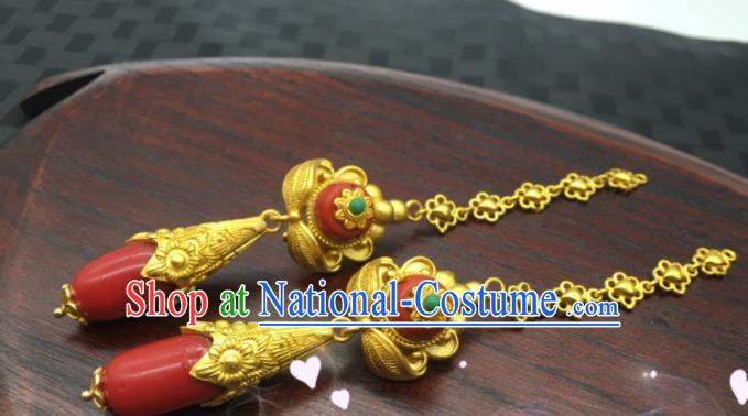 Chinese Classical Dance Ear Accessories Traditional Tibetan Nationality Golden Earrings Zang Minority Wedding Ear Jewelry