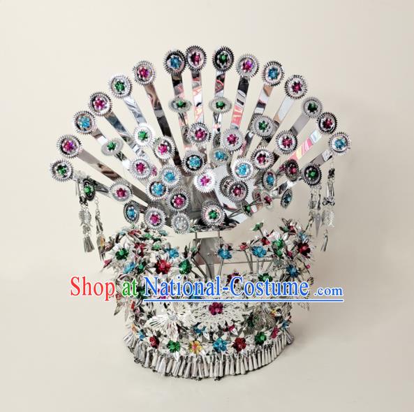 Chinese Miao Nationality Stage Performance Silver Hat Hmong Minority Woman Folk Dance Headdress Yunnan Ethnic Hair Crown Hair Accessories