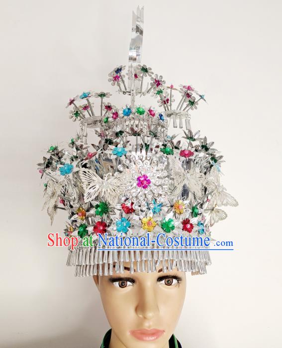 Chinese Yunnan Ethnic Phoenix Coronet Hair Accessories Miao Nationality Stage Performance Silver Hat Hmong Minority Folk Dance Headdress