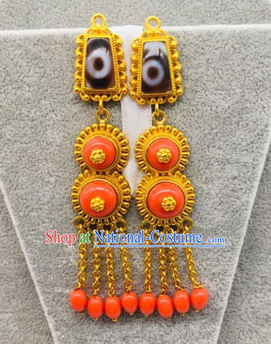 Chinese Zang Minority Festival Ear Jewelry Classical Dance Ear Accessories Traditional Tibetan Nationality Beads Tassel Earrings