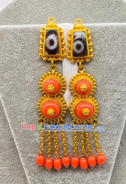 Chinese Zang Minority Festival Ear Jewelry Classical Dance Ear Accessories Traditional Tibetan Nationality Beads Tassel Earrings