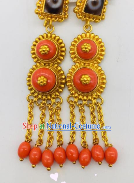 Chinese Zang Minority Festival Ear Jewelry Classical Dance Ear Accessories Traditional Tibetan Nationality Beads Tassel Earrings