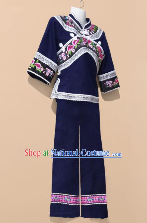 Chinese Guizhou Ethnic Woman Navy Outfits Bouyei Nationality Embroidery Garment Costumes Zhuang Minority Folk Dance Clothing