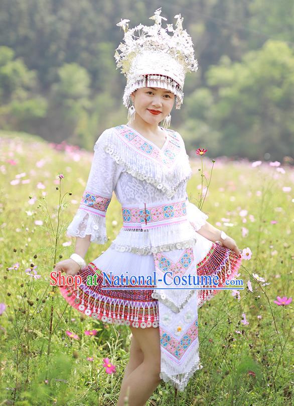 China Miao Nationality Woman Clothing Photography Clothing Hmong Ethnic Dance White Dress Outfits Traditional Yunnan Minority Garment Costumes