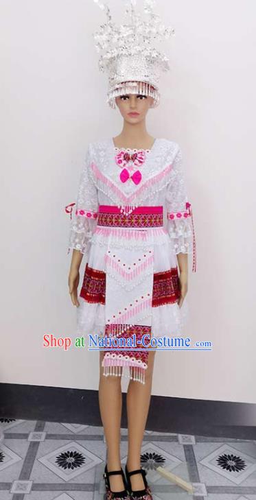 China Traditional Hmong Festival White Dress Outfits Yunnan Minority Woman Garments Miao Nationality Folk Dance Costumes Ethnic Performance Clothing