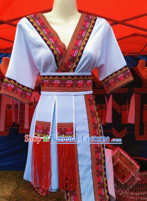 China Traditional Hmong Folk Dance White Dress Outfits Yunnan Minority Festival Garments Miao Nationality Wedding Costumes Ethnic Performance Clothing