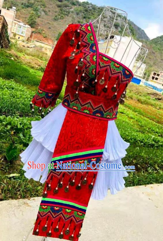 China Ethnic Performance Clothing Traditional Hmong Folk Dance Dress Outfits Yunnan Minority Garments Miao Nationality Female Costumes